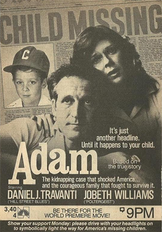 adam movie poster in black and white: little boy in baseball jersey back left, man in center, woman with dark hair hugging man