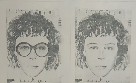 two images: composite of woman who took kevin, one with glasses. both sketches show woman with frizzy hair