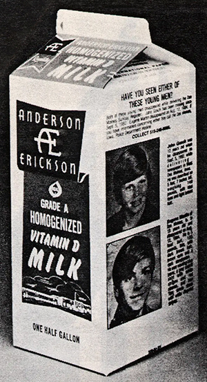 black and white photo of milk carton featuring two missing children