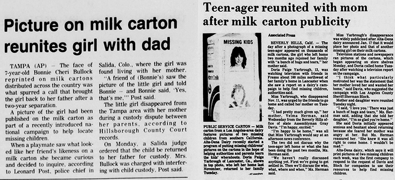newspaper clipping on success story of milk carton program