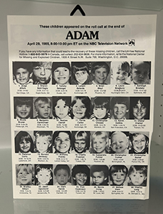 black and white poster of headshots of 28 missing kids