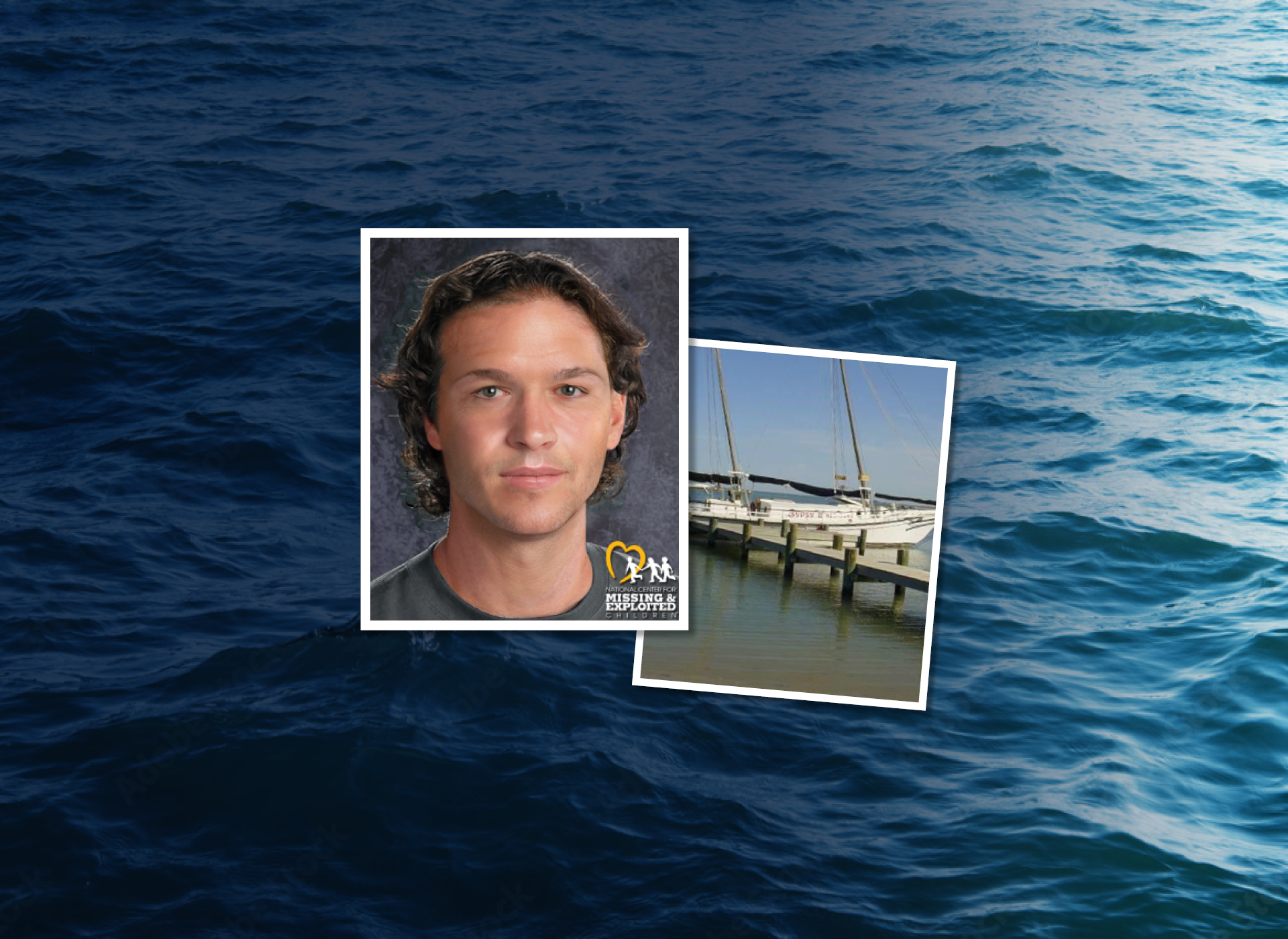age progression of white man with curly brown hair next to picture of boat; water in the background