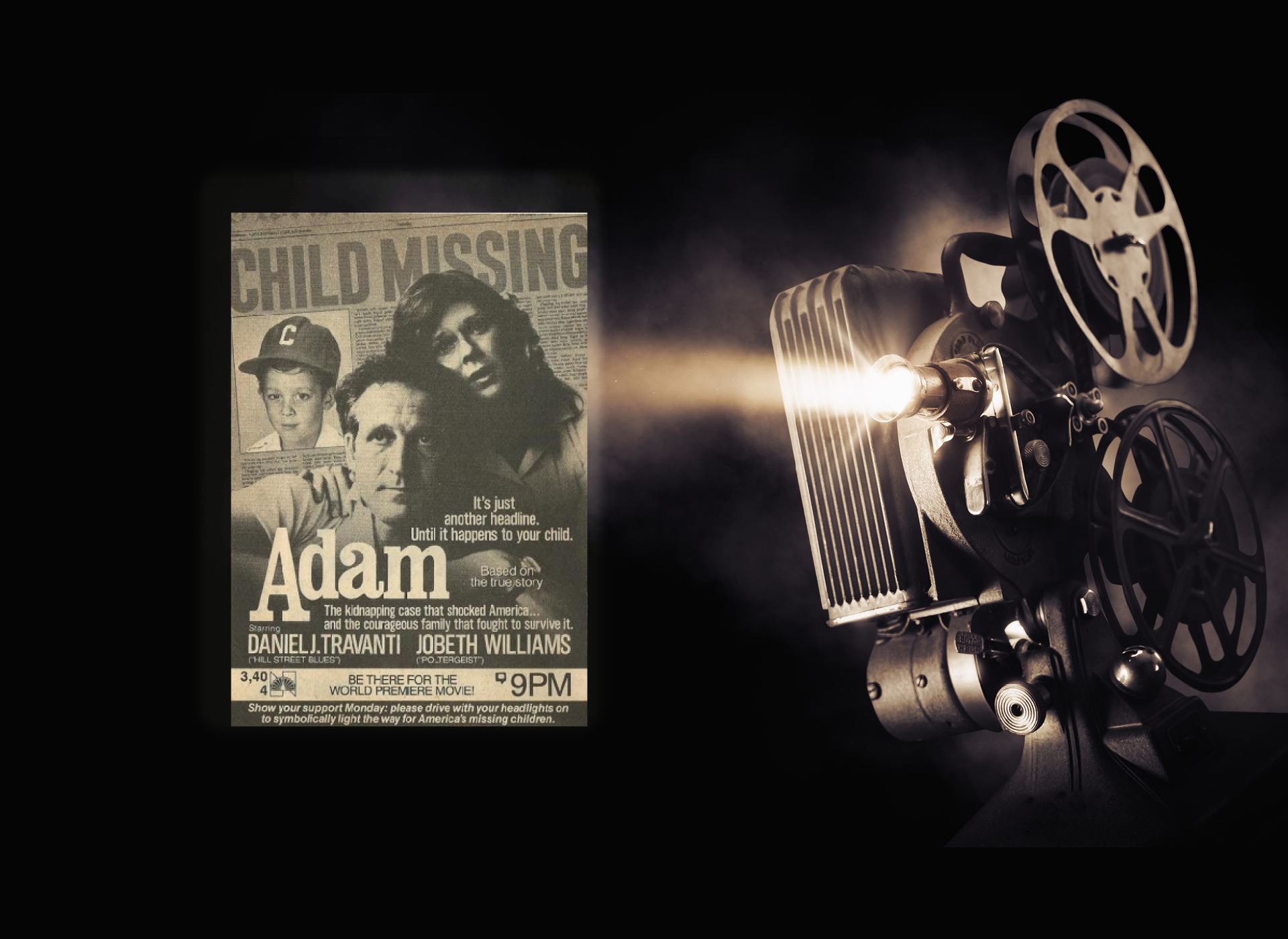 black and white poster of adam movie on a black background next to a projector