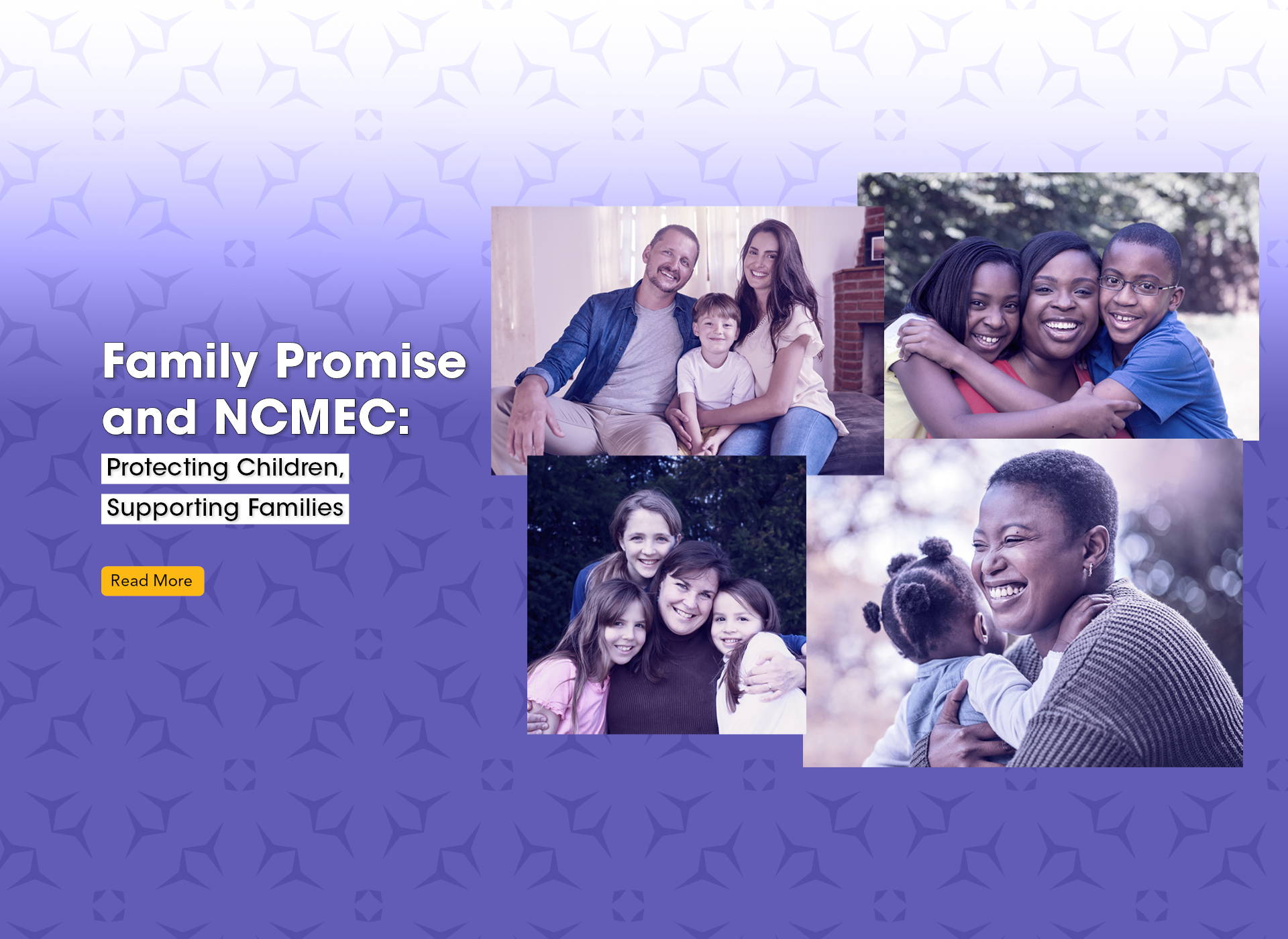 collage of four pictures with smiling children and adults against a blue background