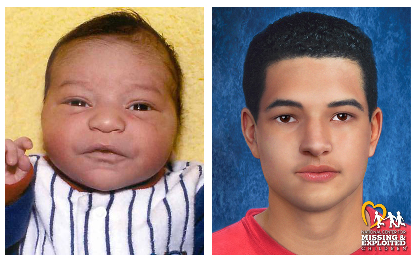 bryan as a baby; bryan age progressed to 18 with short dark hair, brown eyes, and closed mouth