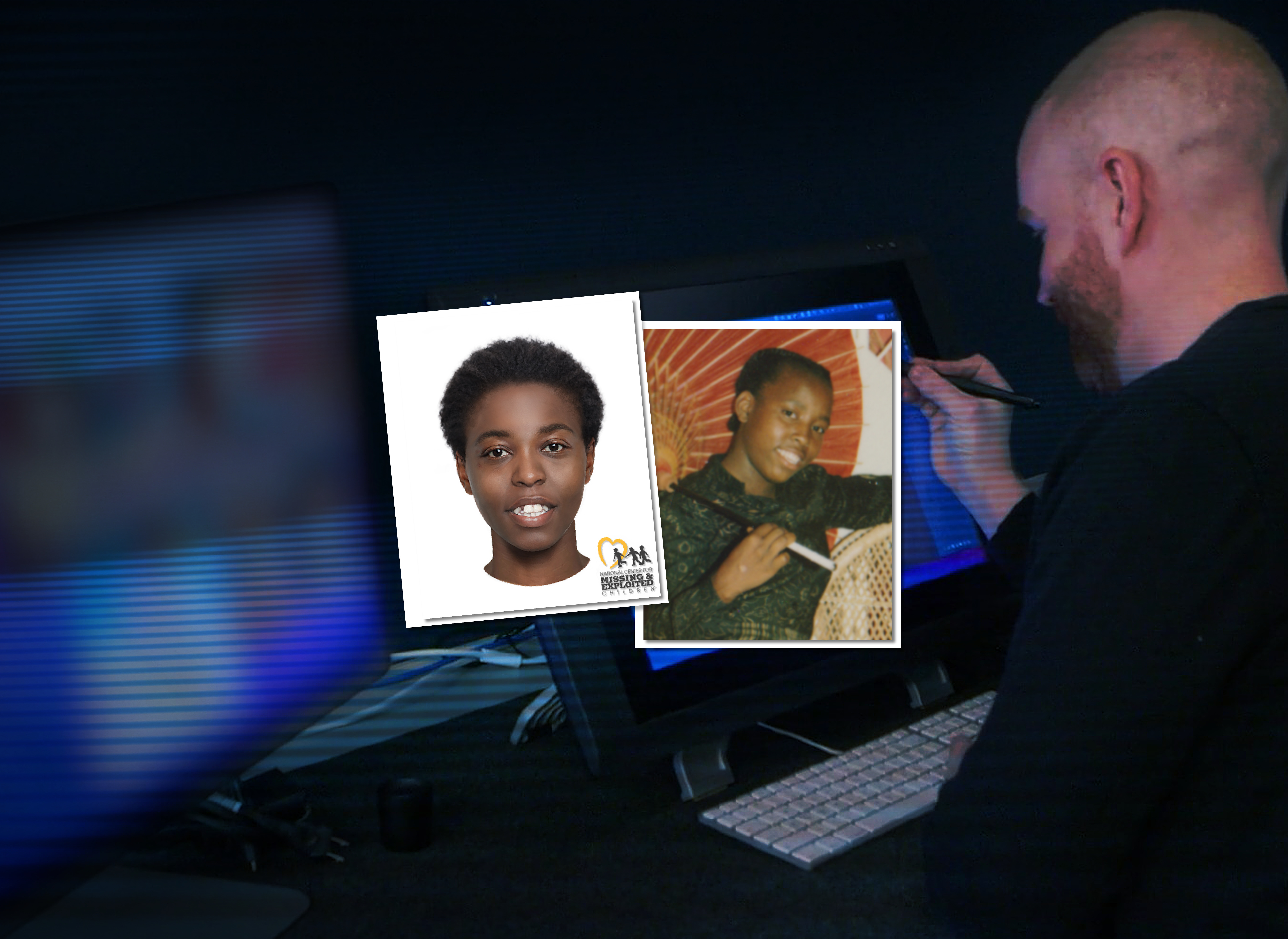 foreground: facial reconstruction next to picture of smiling 18-year-old black girl wearing green; background: a man works at a computer on the age progression