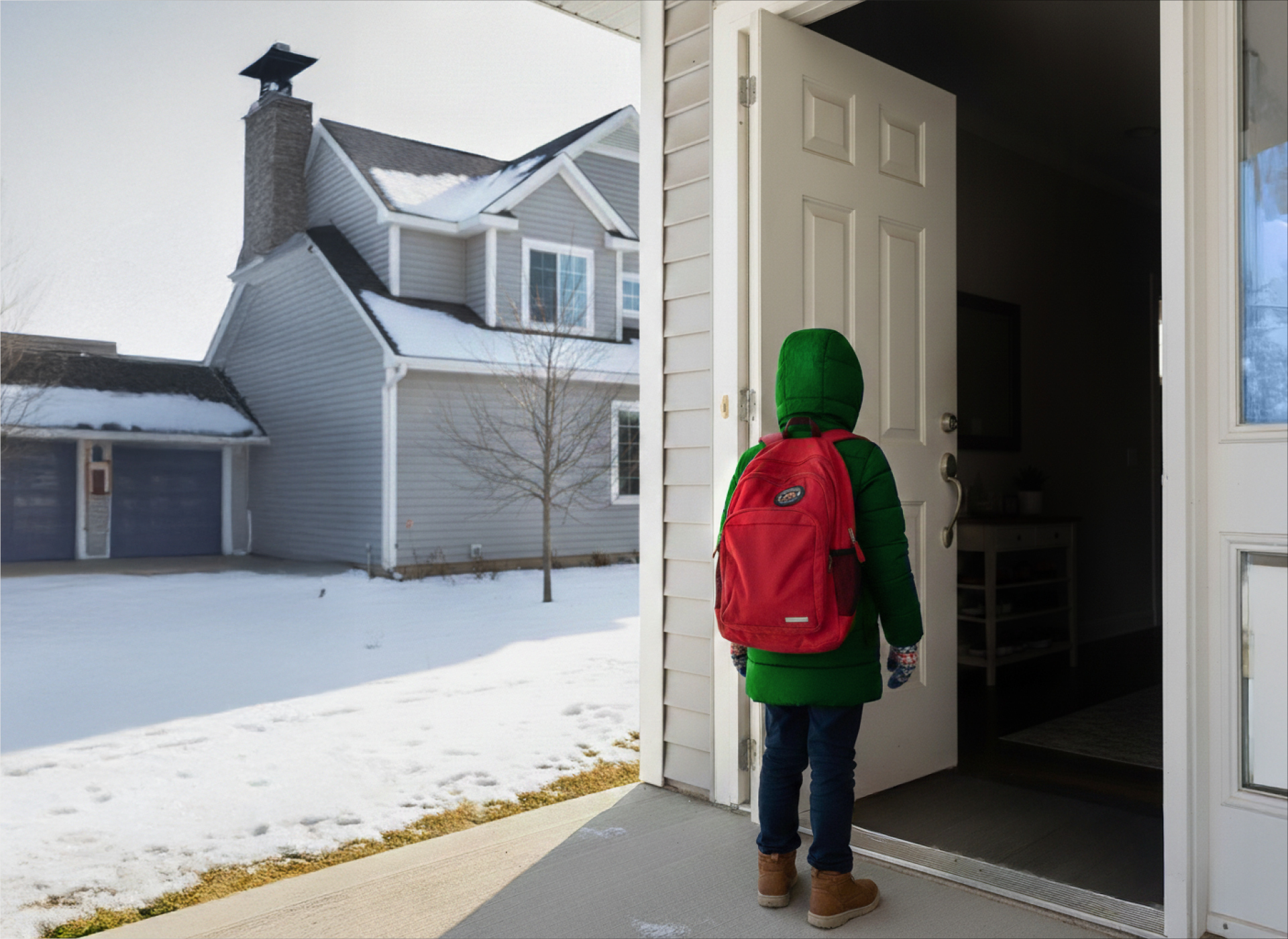 child wearing red backpack about to walk into a house