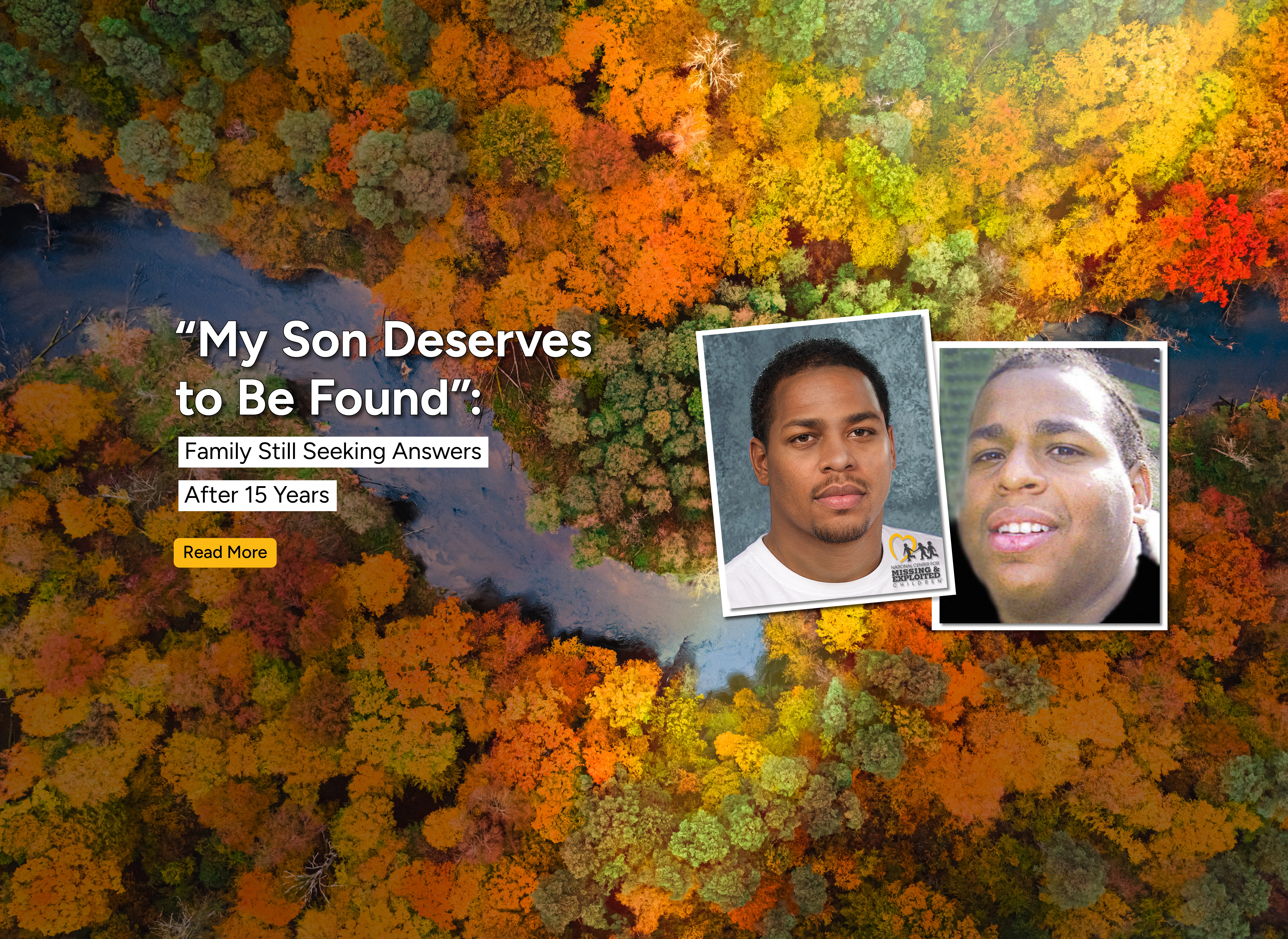background: river and fall leaves; foreground: young black man with short hair and his age progression to 30s