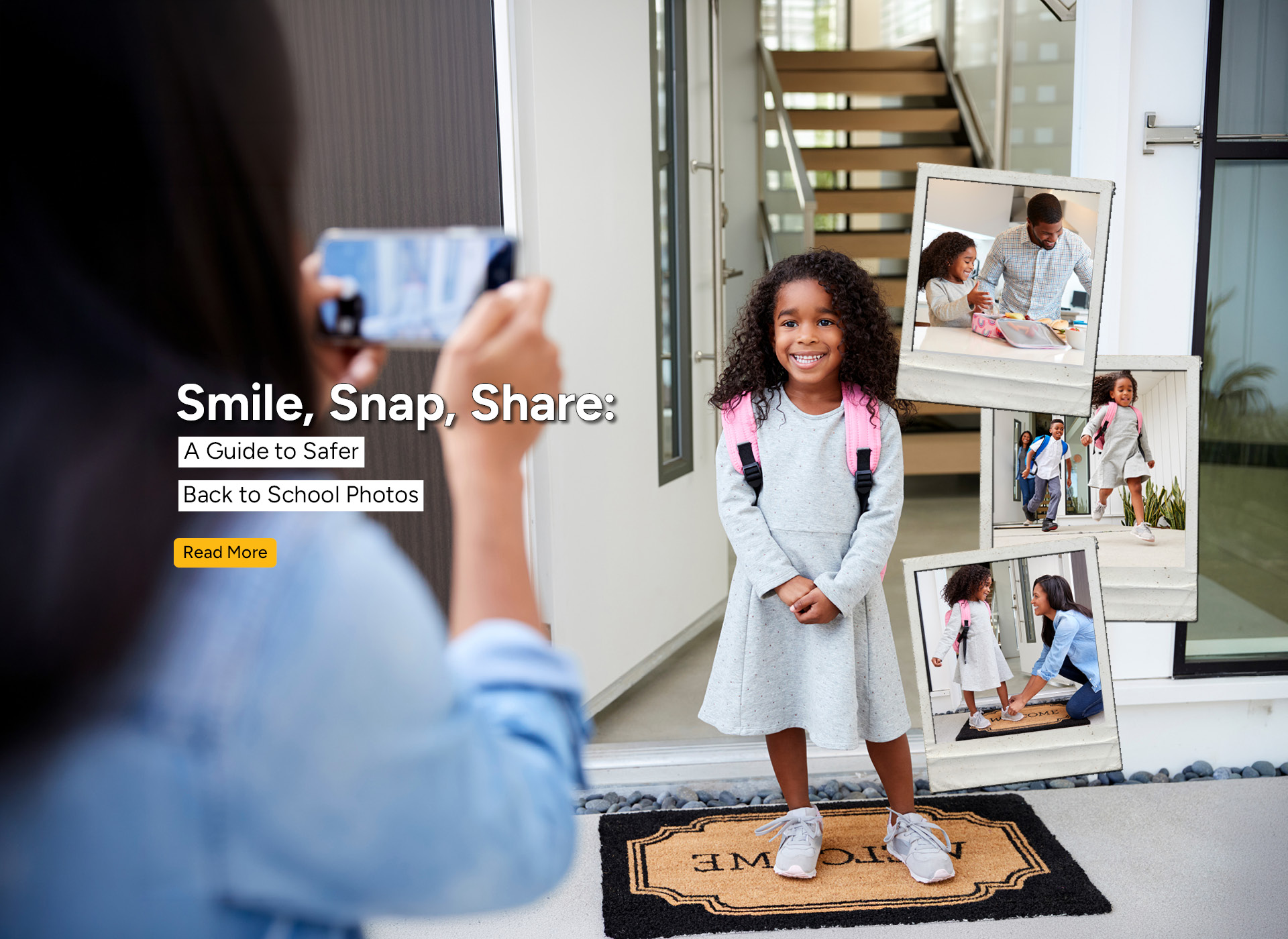elementary aged girl stands on front porch smiling while mom takes picture