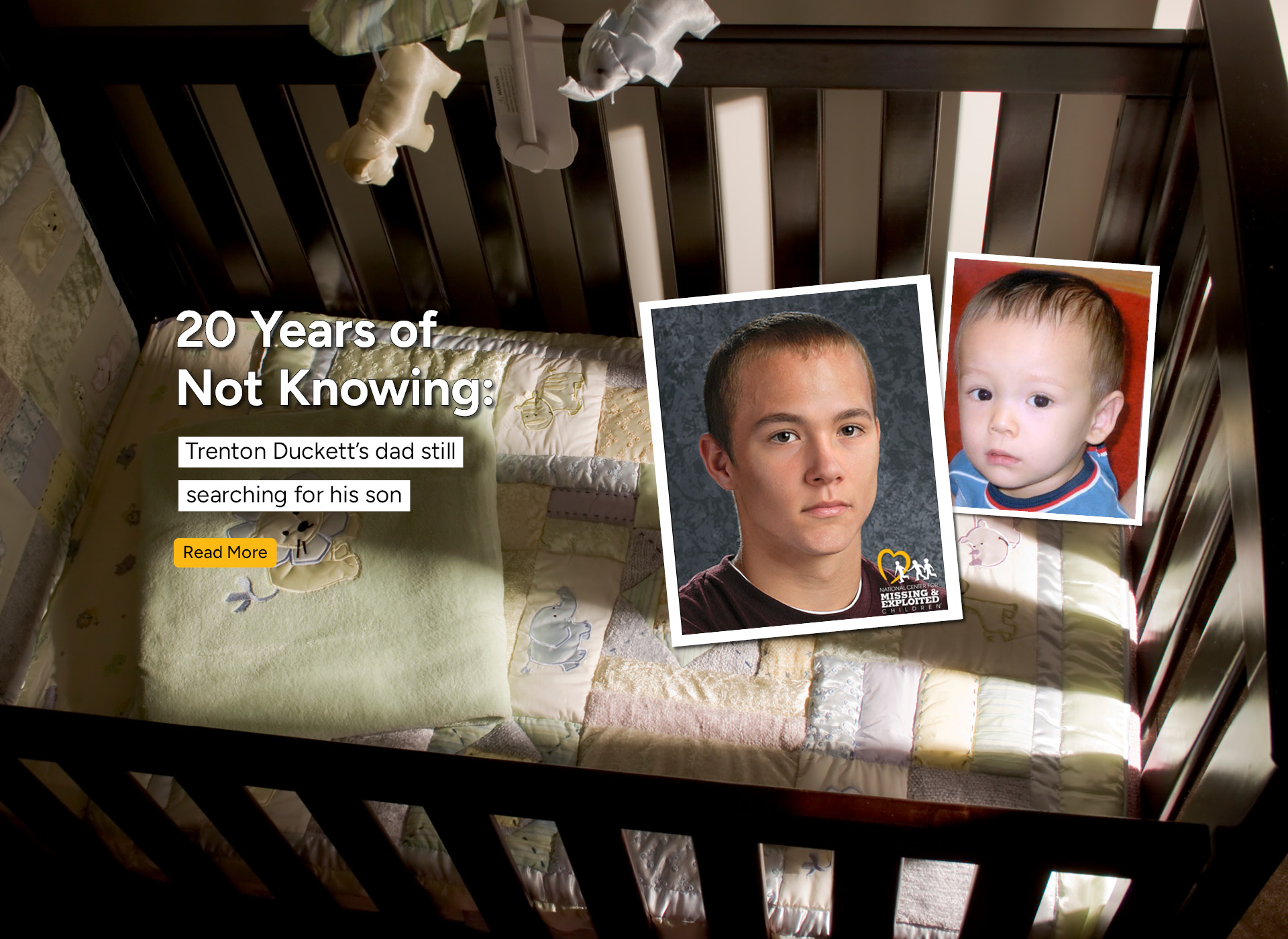 foreground: two images, one of 2 year old boy, second of age progression to 22; background empty crib