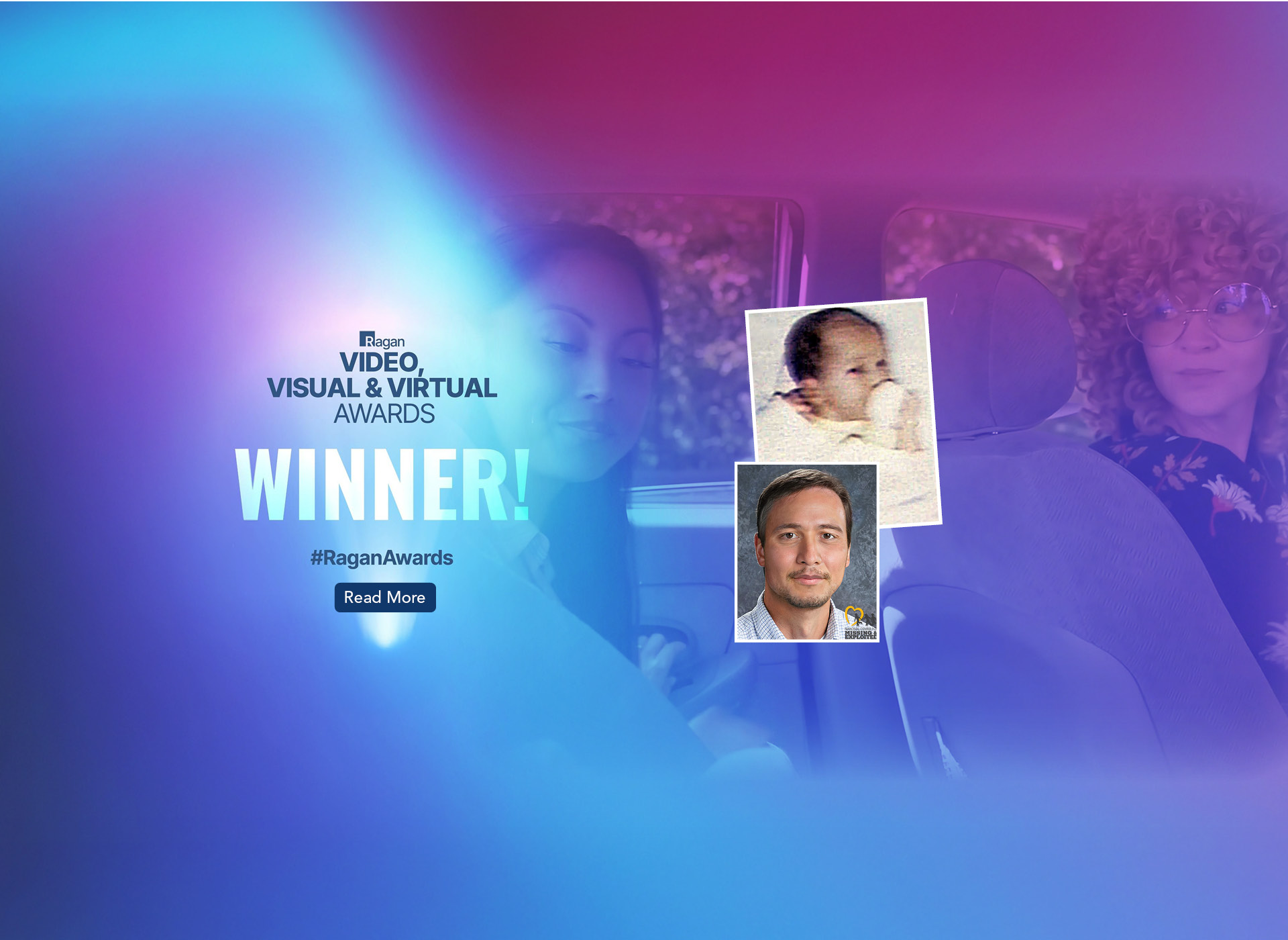 blue background with "winner" and two photos -- kevin as a baby and kevin's age progression